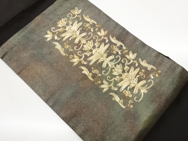 名古屋帯　金駒刺繍　紐文様　紗綾形地紋　白地　金糸　銀糸　着物　084tz fs509_1.jpg